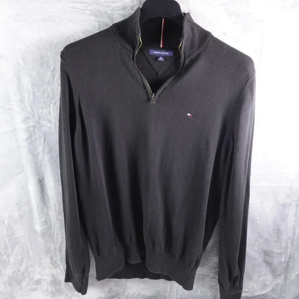 Tommy Hilfiger Sweater Mens XL Black 1/4 Zip Mock Neck Pullover Logo Knit Casual